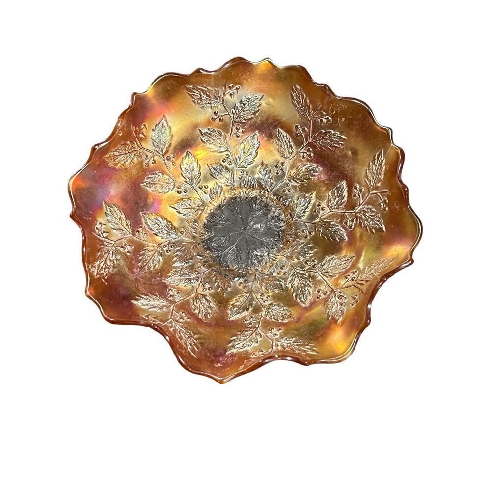 Vintage Fenton Marigold Carnival Glass Fluted Ruffle Edge Holly Candy Dish Bowl